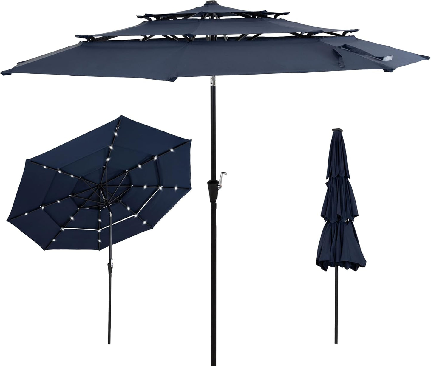SUNGUARD UMBRELLAS 10 ft 3-Tier Solar LED Patio Umbrella, Outdoor Market Table Umbrella with 24 LED Lights, Crank Lift, Push-Button Tilt, Vented Polyester Canopy, 1.5 in Pole, Base Not Included