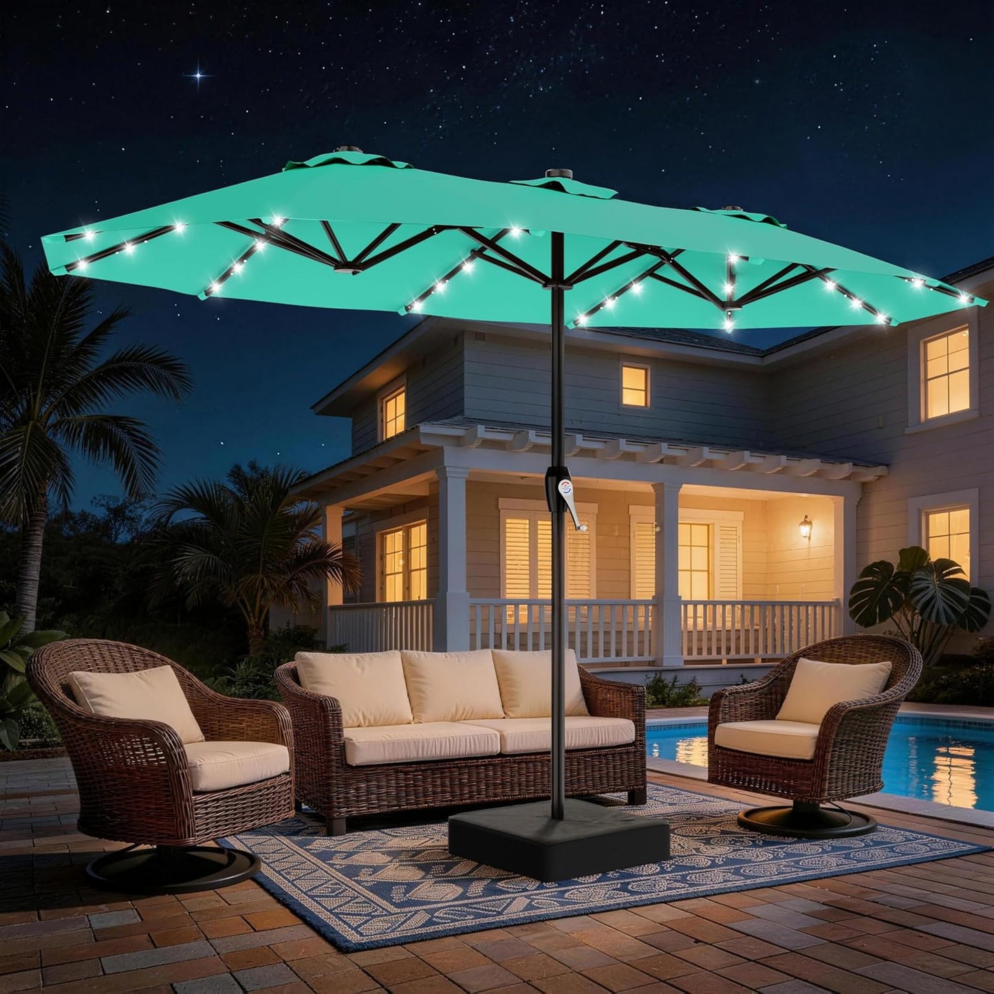 SUNGUARD UMBRELLAS 13 ft Solar LED Double-Sided Patio Umbrella, 6.5 ft x 13 ft Rectangular Outdoor Market Umbrella with Crank, Cross Base and Cerulean UV-Resistant Canopy