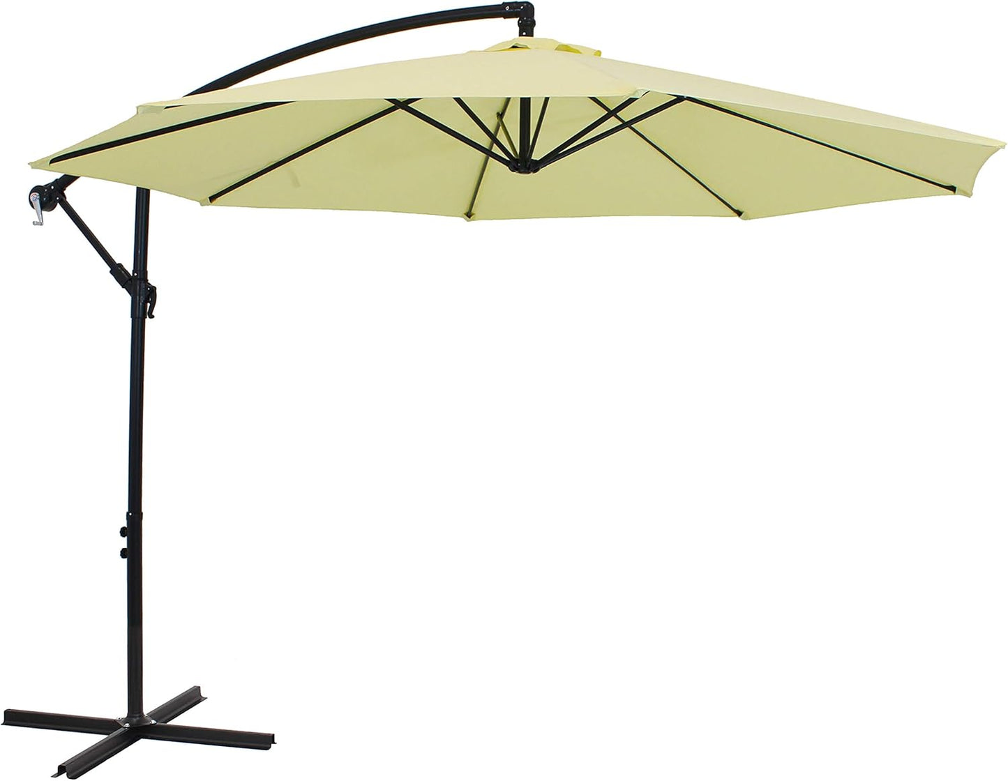 Beige patio umbrella with a black stand on a white background