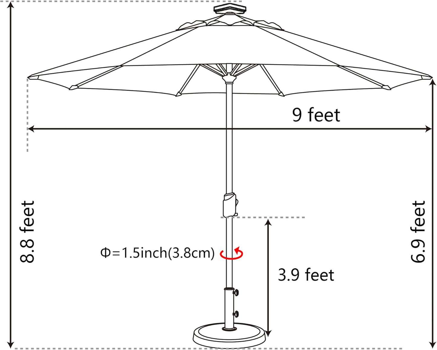 SUNGUARD UMBRELLAS Solar LED Patio Umbrella, Outdoor Market Table Umbrella with 80 LED Lights, Crank Lift, Manual Tilt, UPF 50+ Acrylic Canopy, Steel Frame, Teal, Base Not Included