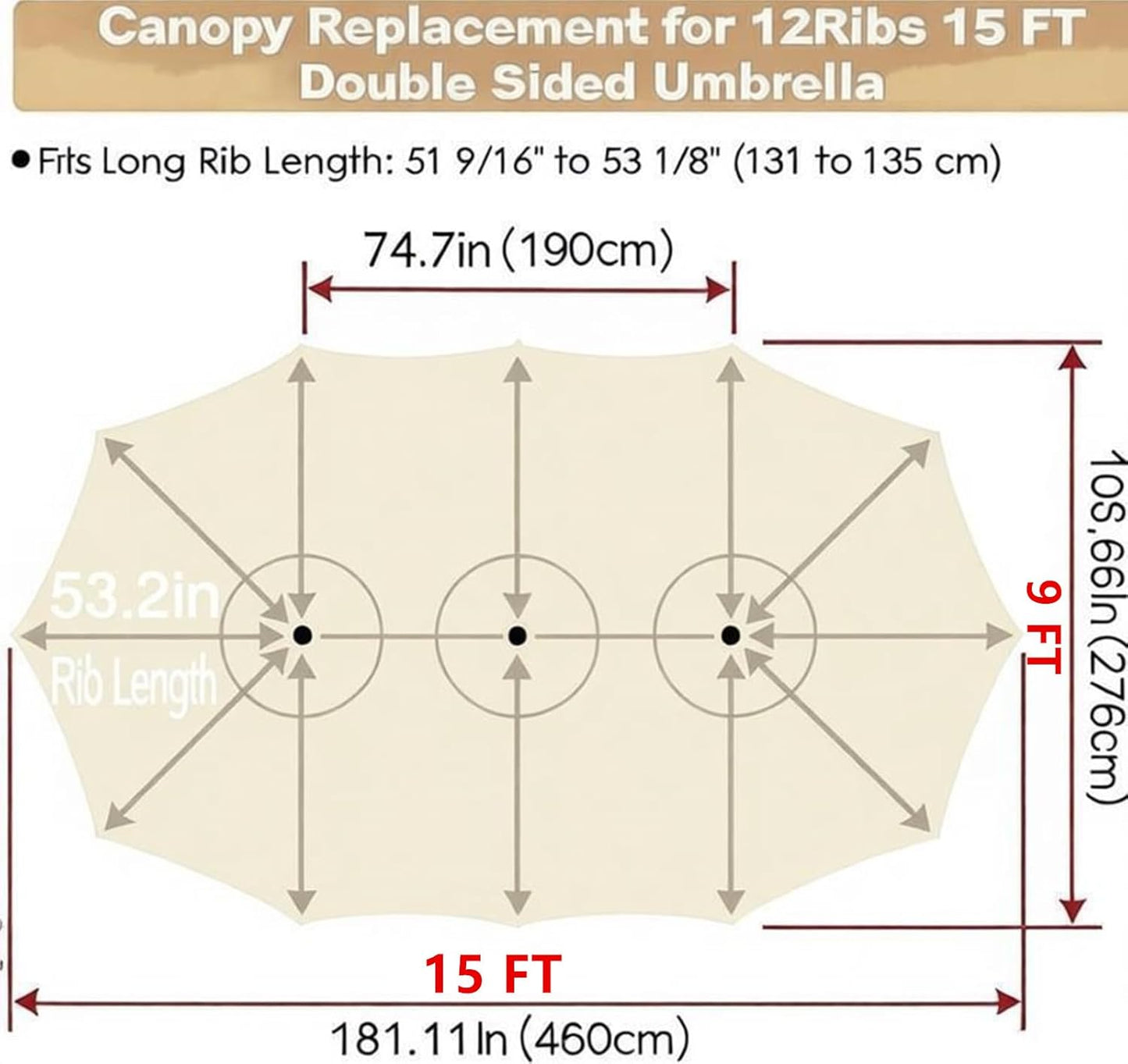 SUNGUARD UMBRELLAS 15 ft Patio Umbrella Replacement Canopy for 12-Rib Double-Sided Outdoor Market Umbrellas, Large UV-Resistant Umbrella Top Cover Only