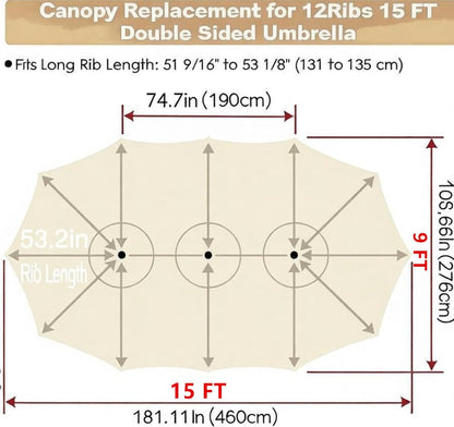 SUNGUARD UMBRELLAS 15 ft Patio Umbrella Replacement Canopy for 12-Rib Double-Sided Outdoor Market Umbrellas, Large UV-Resistant Umbrella Top Cover Only