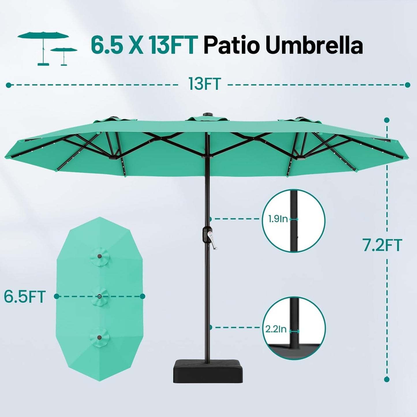 SUNGUARD UMBRELLAS 13 ft Solar LED Double-Sided Patio Umbrella, 6.5 ft x 13 ft Rectangular Outdoor Market Umbrella with Crank, Cross Base and Cerulean UV-Resistant Canopy