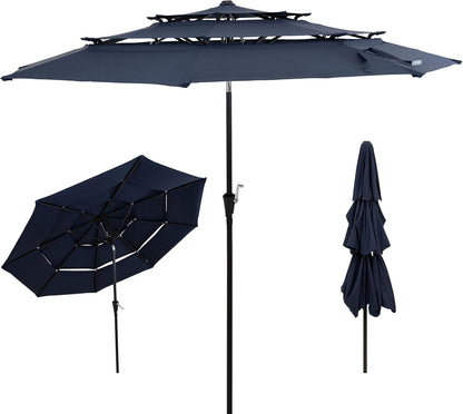 SUNGUARD UMBRELLAS 10 ft 3-Tier Solar LED Patio Umbrella, Outdoor Market Table Umbrella with 24 LED Lights, Crank Lift, Push-Button Tilt, Vented Polyester Canopy, 1.5 in Pole, Base Not Included