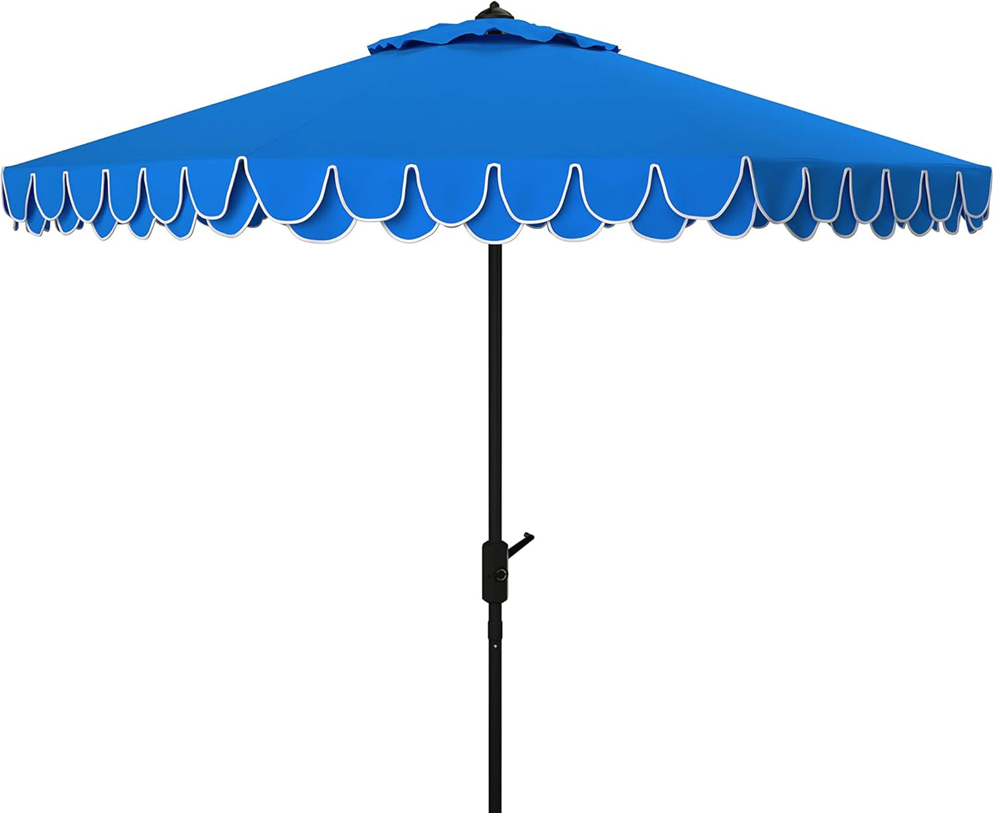 SUNGUARD UMBRELLAS 9 ft Valance Patio Umbrella, Round Outdoor Market Umbrella with Crank Lift, Auto Tilt, Decorative Petal Trim, Polyester Canopy, Brown Aluminum Pole, Pacific Blue