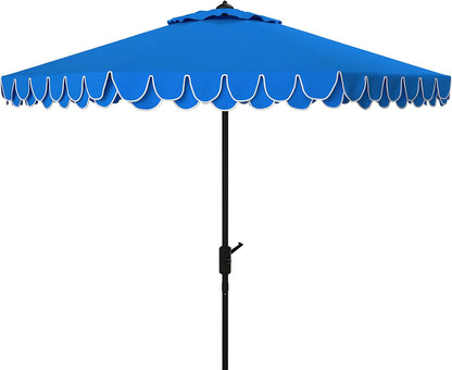 SUNGUARD UMBRELLAS 9 ft Valance Patio Umbrella, Round Outdoor Market Umbrella with Crank Lift, Auto Tilt, Decorative Petal Trim, Polyester Canopy, Brown Aluminum Pole, Pacific Blue