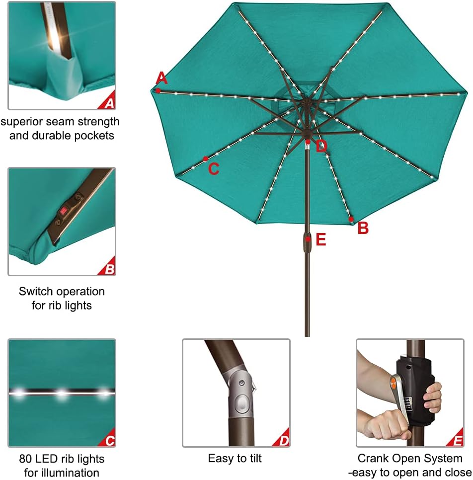 SUNGUARD UMBRELLAS Solar LED Patio Umbrella, Outdoor Market Table Umbrella with 80 LED Lights, Crank Lift, Manual Tilt, UPF 50+ Acrylic Canopy, Steel Frame, Teal, Base Not Included