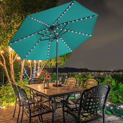 SUNGUARD UMBRELLAS Solar LED Patio Umbrella, Outdoor Market Table Umbrella with 80 LED Lights, Crank Lift, Manual Tilt, UPF 50+ Acrylic Canopy, Steel Frame, Teal, Base Not Included