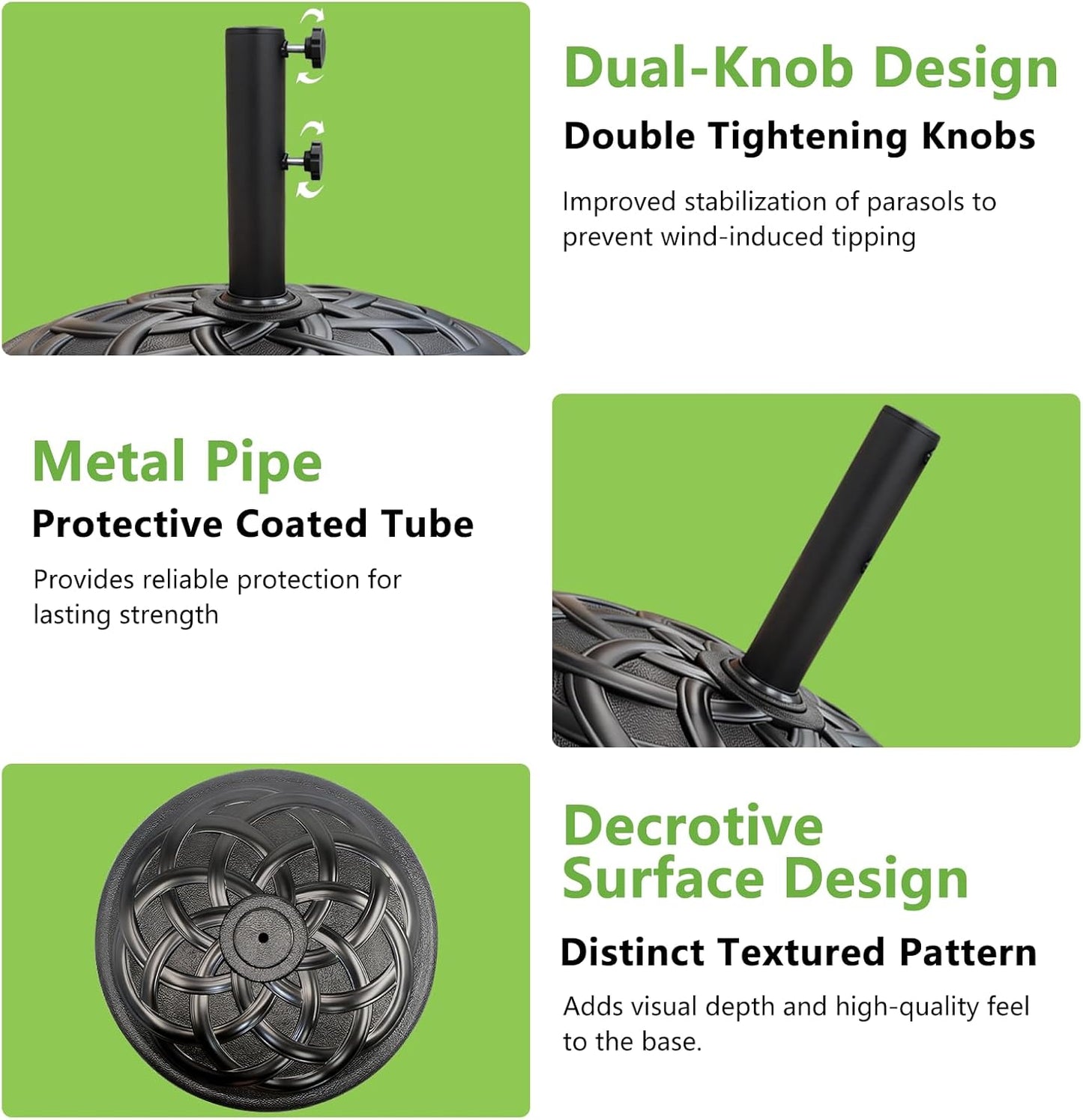 SUNGUARD UMBRELLAS Round Heavy Duty Patio Umbrella Base, Resin Concrete Outdoor Market Umbrella Stand with Powder-Coated Metal Stem, Adjustable Pole Holder, Black, Fits 1.5 in to 2 in Poles