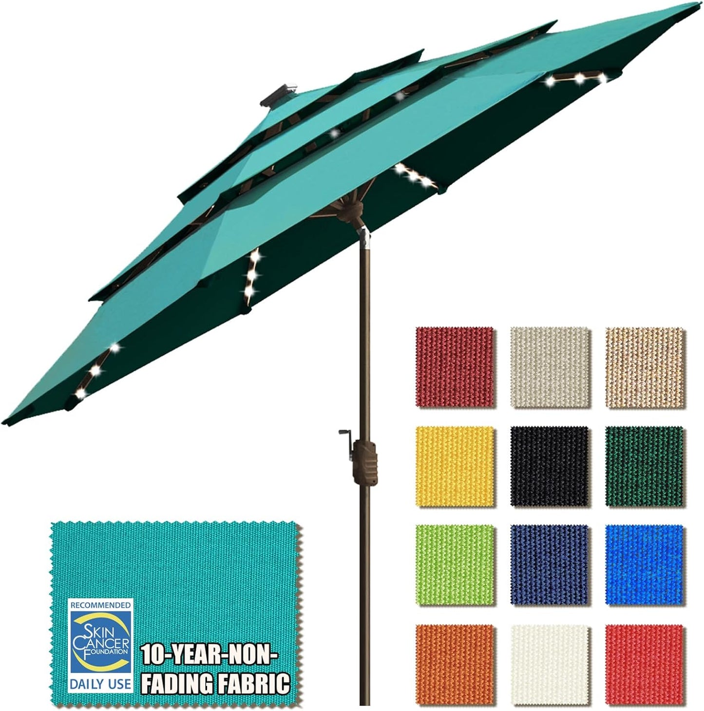 SUNGUARD UMBRELLAS Solar LED Patio Umbrella, Outdoor Market Table Umbrella with 80 LED Lights, Crank Lift, Manual Tilt, UPF 50+ Acrylic Canopy, Steel Frame, Teal, Base Not Included