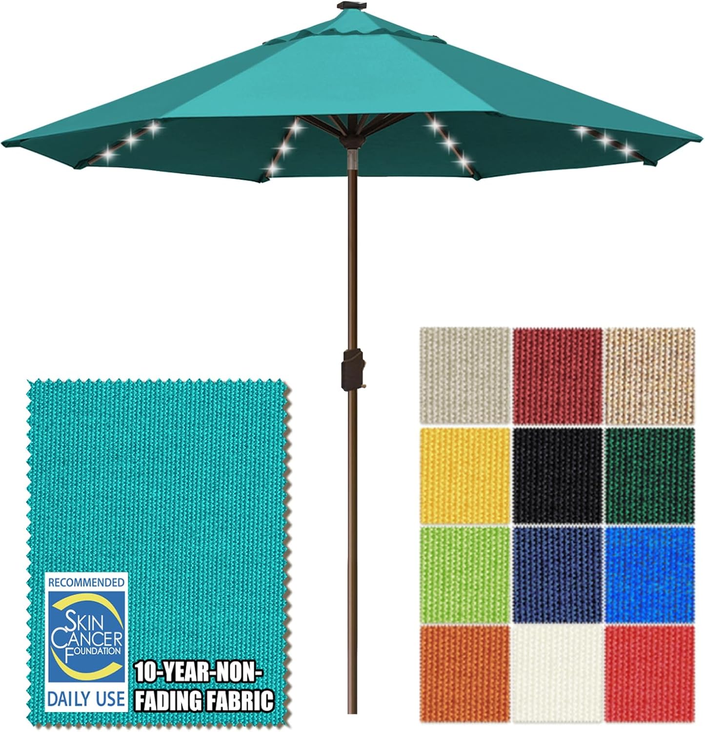 SUNGUARD UMBRELLAS Solar LED Patio Umbrella, Outdoor Market Table Umbrella with 80 LED Lights, Crank Lift, Manual Tilt, UPF 50+ Acrylic Canopy, Steel Frame, Teal, Base Not Included