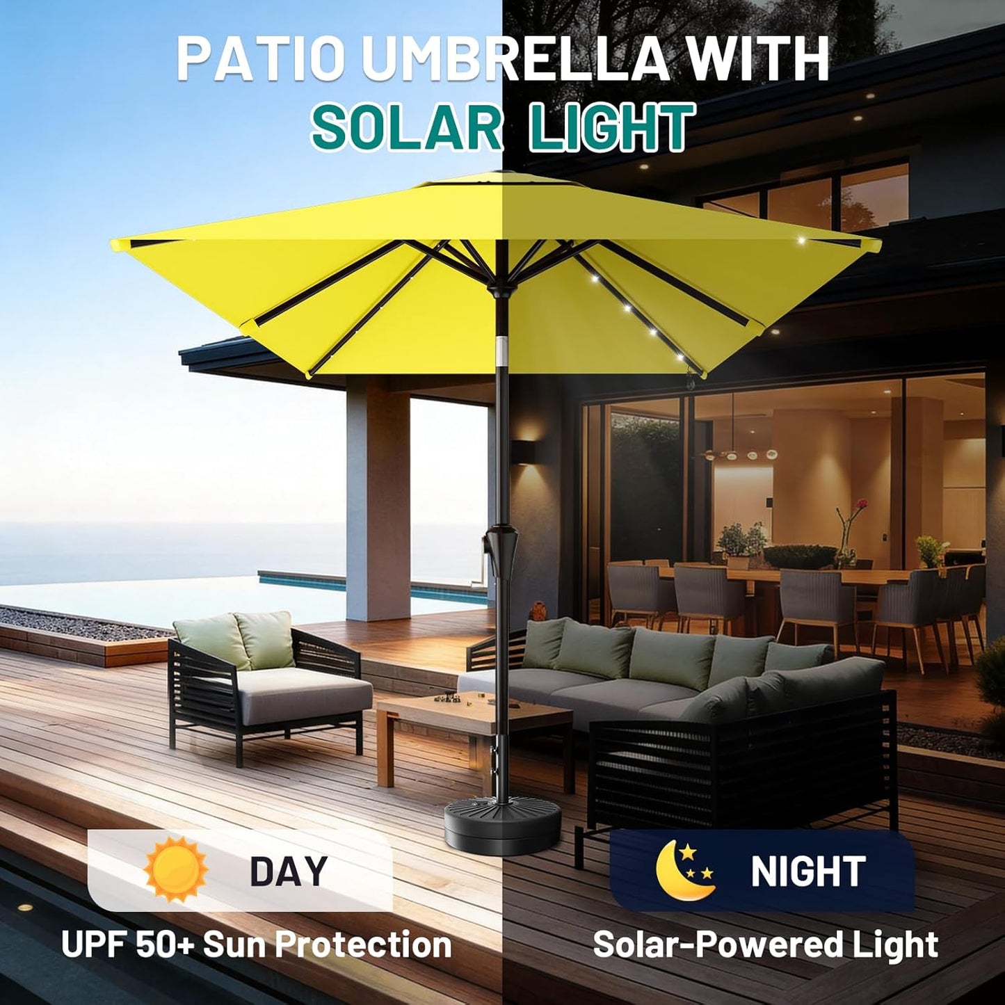 SUNGUARD UMBRELLAS Rectangular Solar LED Patio Umbrella, Outdoor Market Table Umbrella with 16 Solar Lights, Crank Lift, Push-Button Tilt, Vented Water-Repellent Canopy, Yellow, Base Not Included