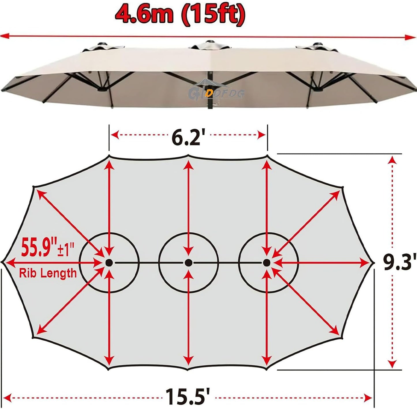 SUNGUARD UMBRELLAS 15 ft x 9 ft Patio Umbrella Replacement Canopy for 12-Rib Double-Sided Outdoor Market Umbrella, Waterproof Top Cover Only