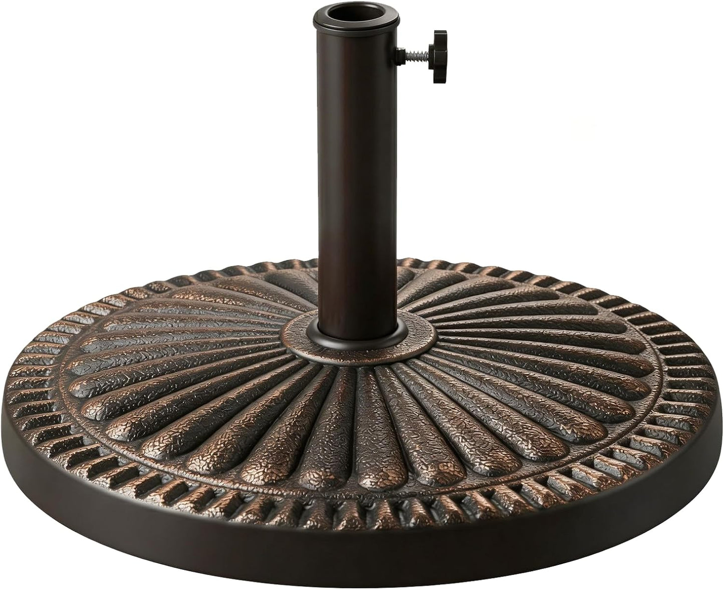 SUNGUARD UMBRELLAS Round Heavy Duty Patio Umbrella Base, Resin Concrete Outdoor Market Umbrella Stand with Powder-Coated Metal Stem, Adjustable Pole Holder, Black, Fits 1.5 in to 2 in Poles