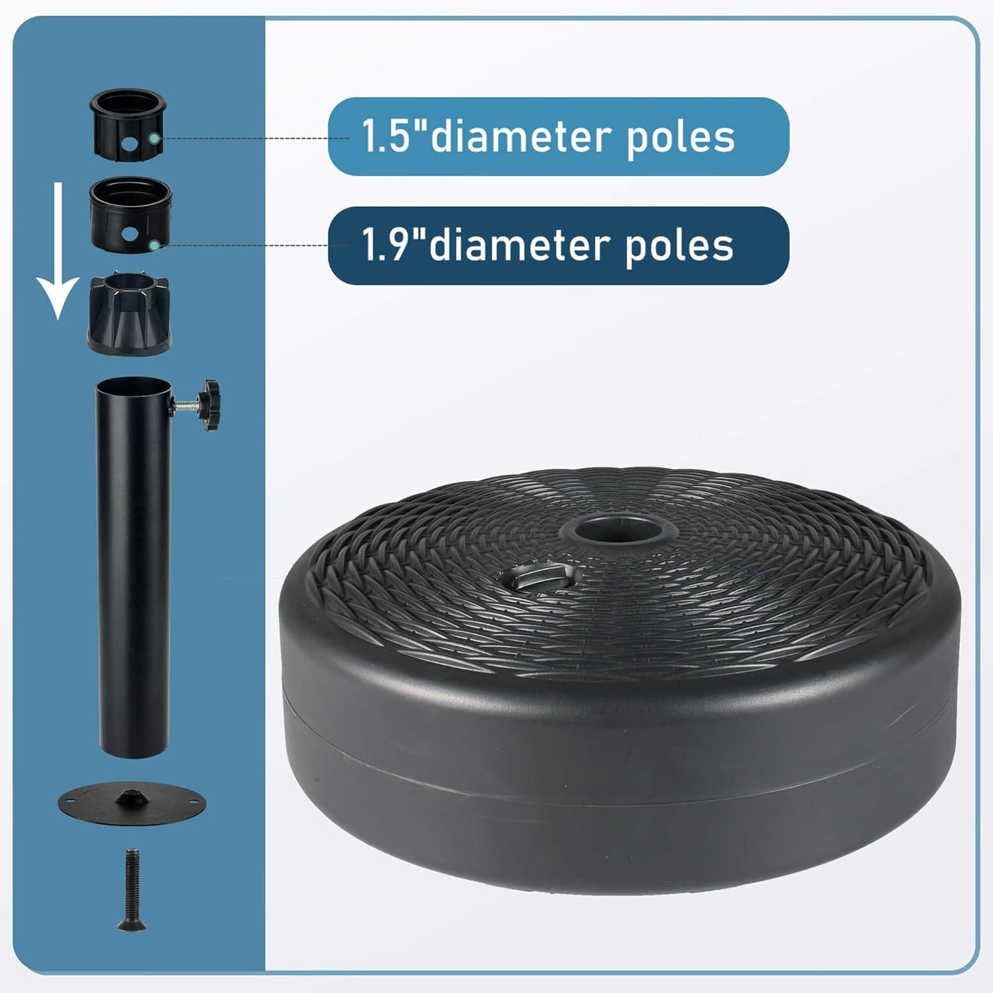SUNGUARD UMBRELLAS Round Fillable Patio Umbrella Base, Water or Sand Fillable Outdoor Umbrella Stand, Adjustable Pole Holder Fits 1.5 in to 1.9 in Poles, Black, for 6 ft to 10 ft Patio Umbrellas