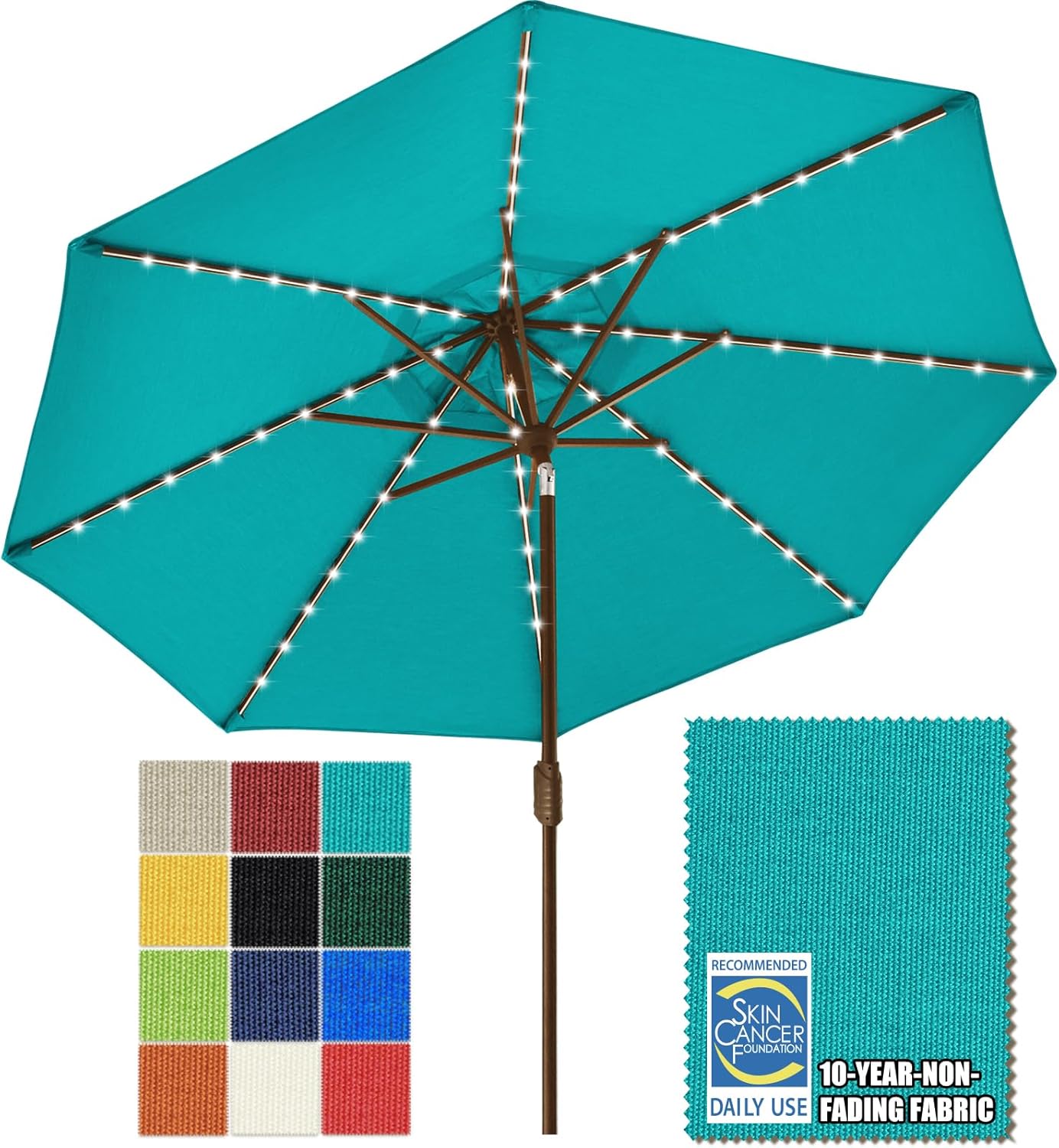 SUNGUARD UMBRELLAS Solar LED Patio Umbrella, Outdoor Market Table Umbrella with 80 LED Lights, Crank Lift, Manual Tilt, UPF 50+ Acrylic Canopy, Steel Frame, Teal, Base Not Included