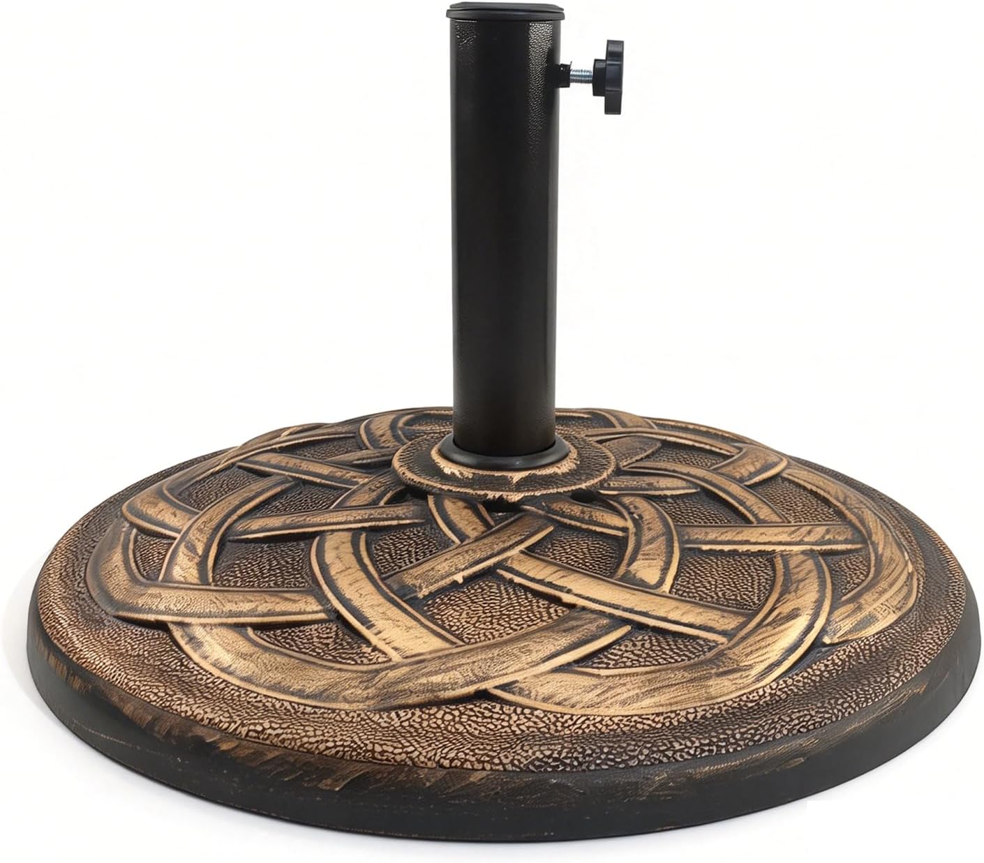 SUNGUARD UMBRELLAS Round Heavy Duty Patio Umbrella Base, Resin Concrete Outdoor Market Umbrella Stand with Powder-Coated Metal Stem, Adjustable Pole Holder, Black, Fits 1.5 in to 2 in Poles