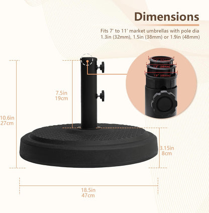 SUNGUARD UMBRELLAS Heavy Duty Round Patio Umbrella Base, Cement-Filled Outdoor Market Umbrella Stand with Adjustable Pole Reducers, Tightening Knobs, Black, Fits 1.3 in to 1.9 in Poles
