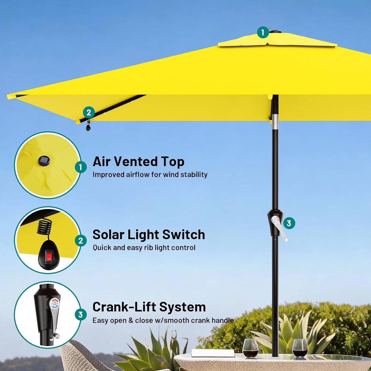 SUNGUARD UMBRELLAS Rectangular Solar LED Patio Umbrella, Outdoor Market Table Umbrella with 16 Solar Lights, Crank Lift, Push-Button Tilt, Vented Water-Repellent Canopy, Yellow, Base Not Included