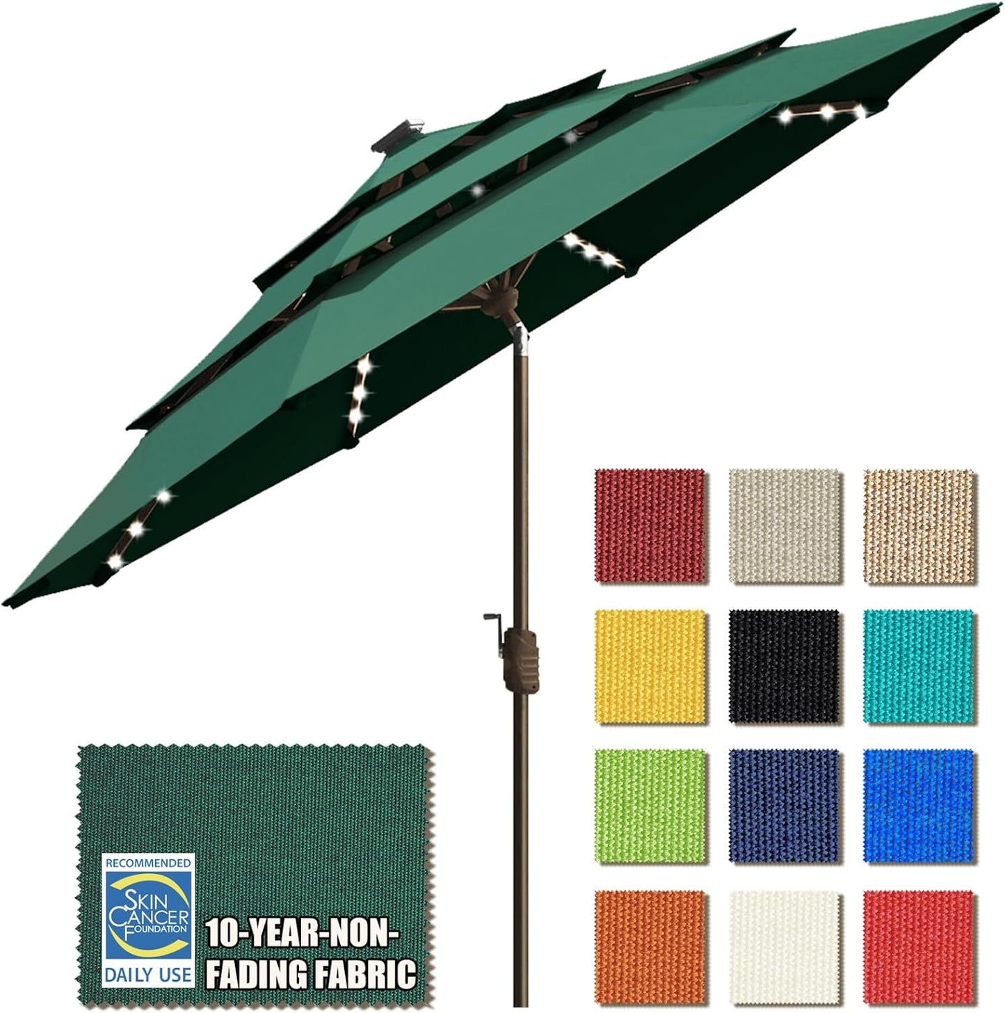 SUNGUARD UMBRELLAS Solar LED Patio Umbrella, Outdoor Market Table Umbrella with 80 LED Lights, Crank Lift, Manual Tilt, UPF 50+ Acrylic Canopy, Steel Frame, Teal, Base Not Included