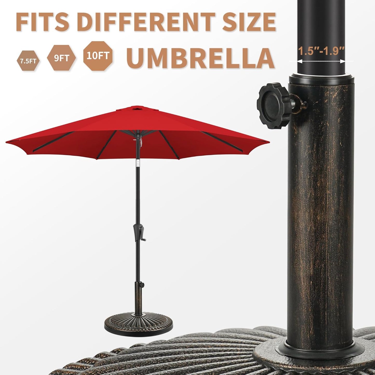 SUNGUARD UMBRELLAS Round Patio Umbrella Base, Bronze Resin Concrete Outdoor Market Umbrella Stand with Adjustable Pole Reducers, Tension Screw, Fits Up to 1.9 in Poles, for 7 ft to 11 ft Patio Umbrellas