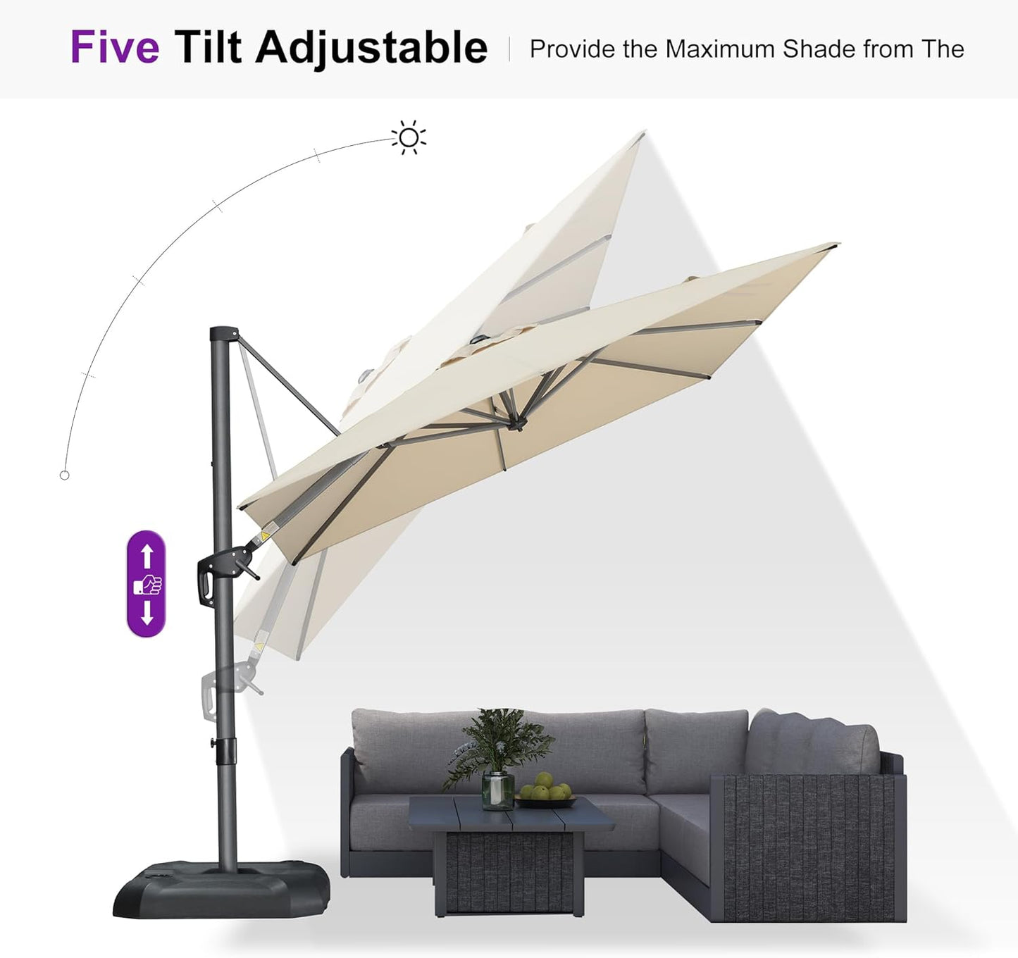 SUNGUARD UMBRELLAS Square Cantilever Patio Umbrella, 360-Degree Rotating Offset Outdoor Umbrella with Aluminum Frame, Crank Lift, Manual Tilt, Cross Base Included, Beige