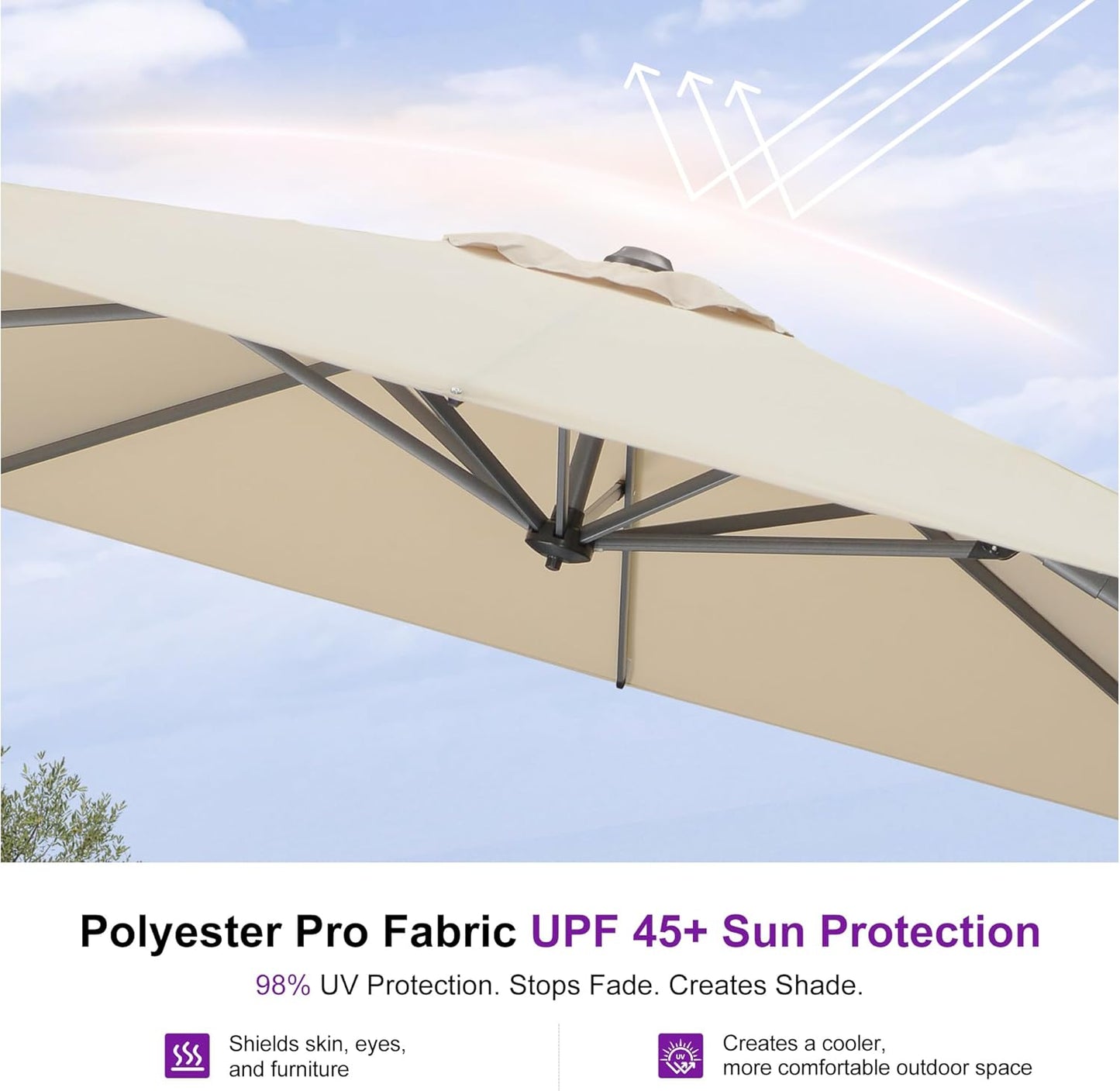 SUNGUARD UMBRELLAS Square Cantilever Patio Umbrella, 360-Degree Rotating Offset Outdoor Umbrella with Aluminum Frame, Crank Lift, Manual Tilt, Cross Base Included, Beige