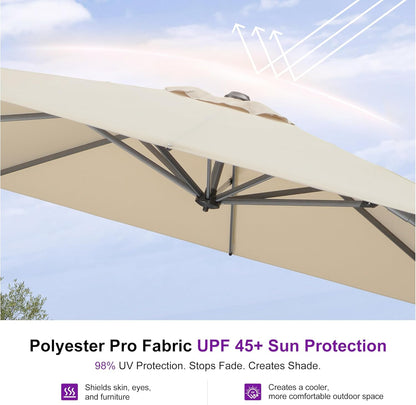 SUNGUARD UMBRELLAS Square Cantilever Patio Umbrella, 360-Degree Rotating Offset Outdoor Umbrella with Aluminum Frame, Crank Lift, Manual Tilt, Cross Base Included, Beige