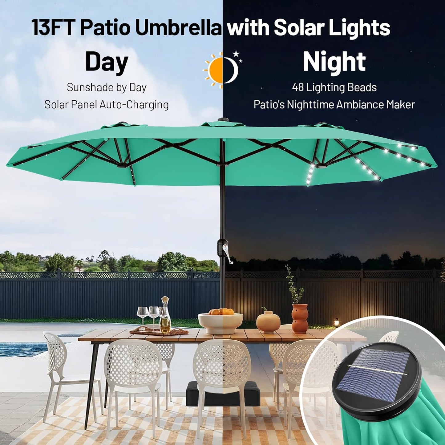 SUNGUARD UMBRELLAS 13 ft Solar LED Double-Sided Patio Umbrella, 6.5 ft x 13 ft Rectangular Outdoor Market Umbrella with Crank, Cross Base and Cerulean UV-Resistant Canopy