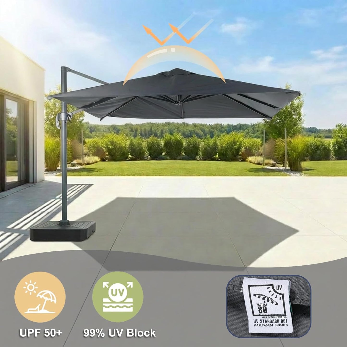 SUNGUARD UMBRELLAS 10 ft x 10 ft Square Cantilever Umbrella Replacement Canopy, 8-Rib Offset Patio Umbrella Fabric Cover, 230 GSM Solution-Dyed Polyester, UPF 50+, Canopy Only