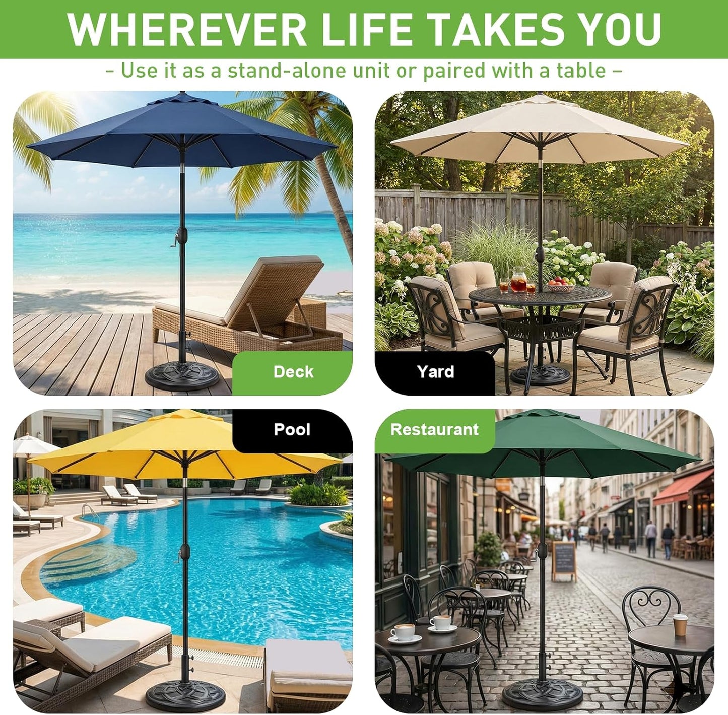 SUNGUARD UMBRELLAS Round Heavy Duty Patio Umbrella Base, Resin Concrete Outdoor Market Umbrella Stand with Powder-Coated Metal Stem, Adjustable Pole Holder, Black, Fits 1.5 in to 2 in Poles