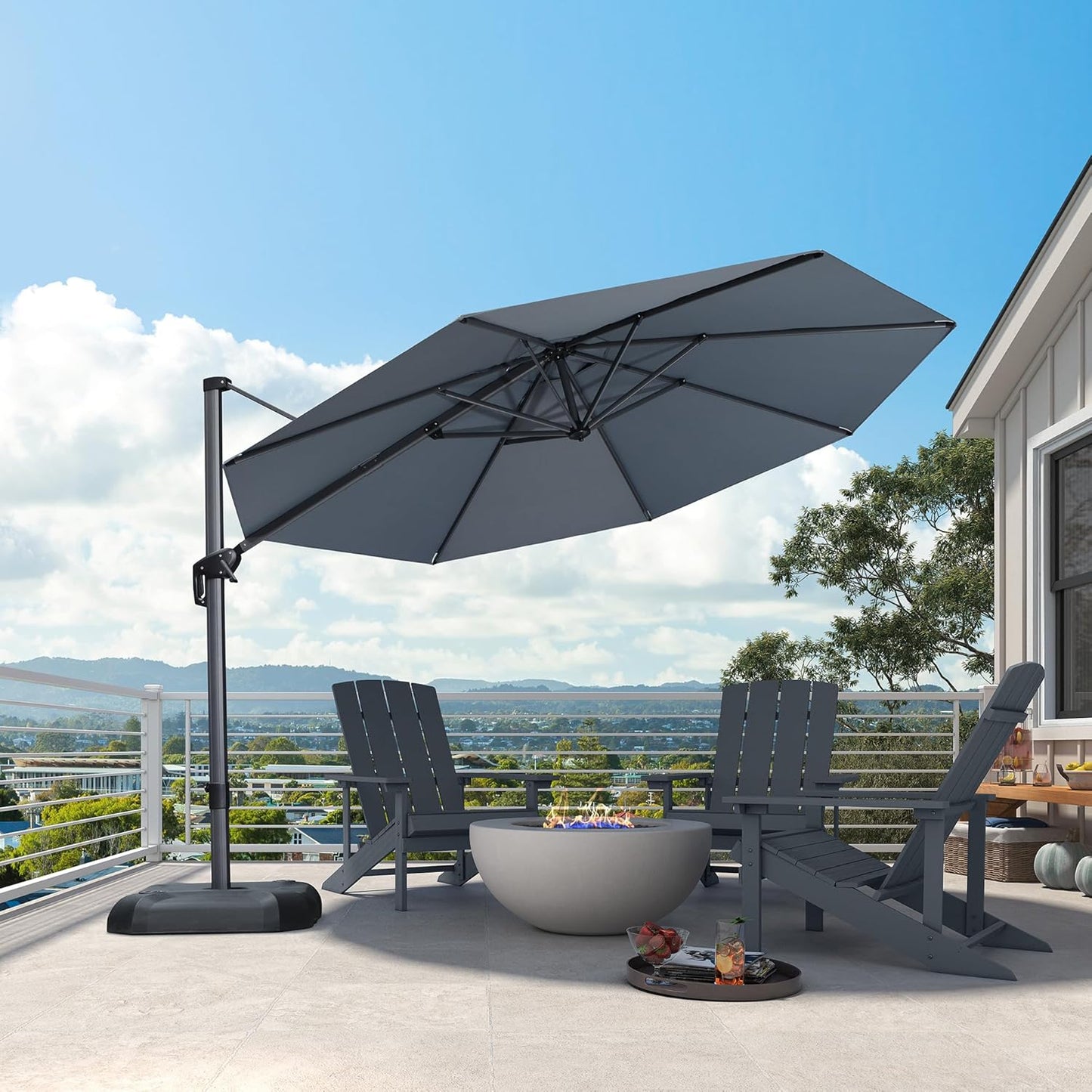 SUNGUARD UMBRELLAS Square Cantilever Patio Umbrella, 360-Degree Rotating Offset Outdoor Umbrella with Aluminum Frame, Crank Lift, Manual Tilt, Cross Base Included, Beige