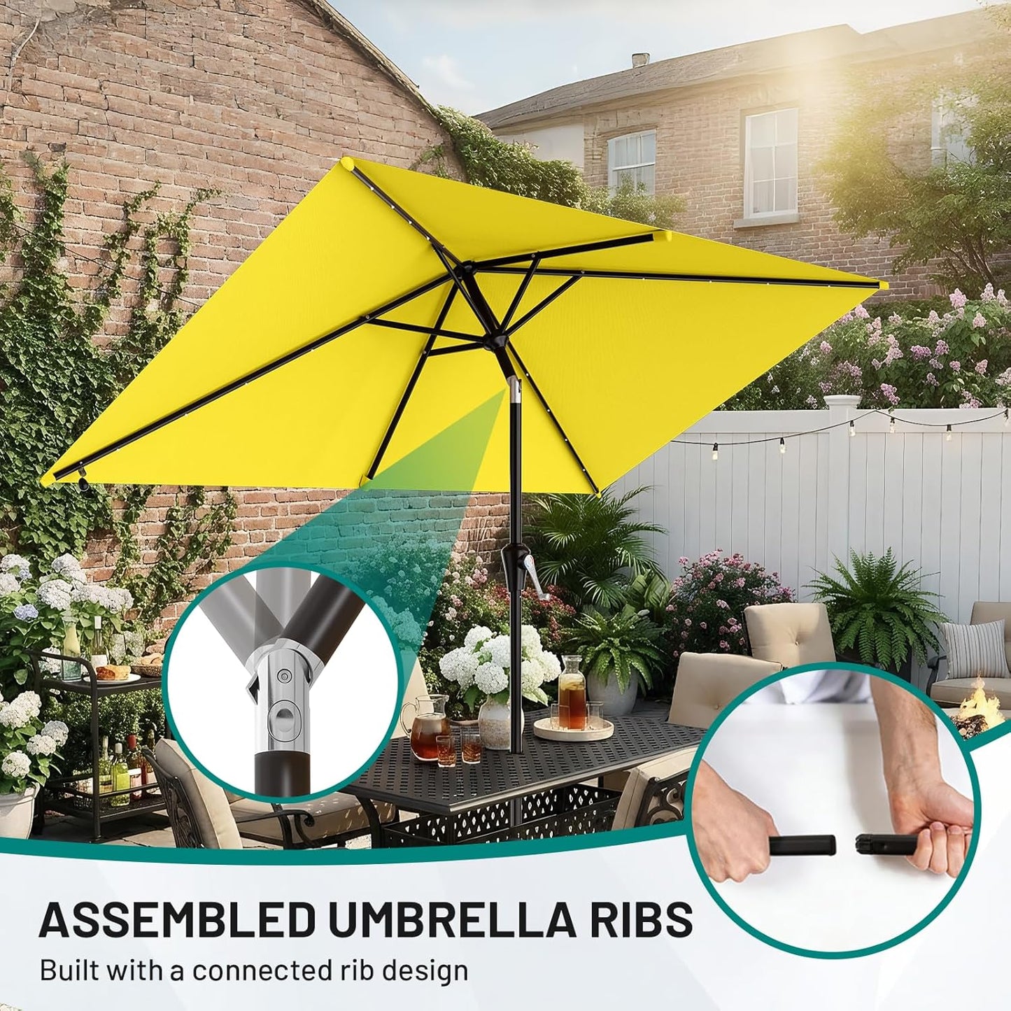 SUNGUARD UMBRELLAS Rectangular Solar LED Patio Umbrella, Outdoor Market Table Umbrella with 16 Solar Lights, Crank Lift, Push-Button Tilt, Vented Water-Repellent Canopy, Yellow, Base Not Included