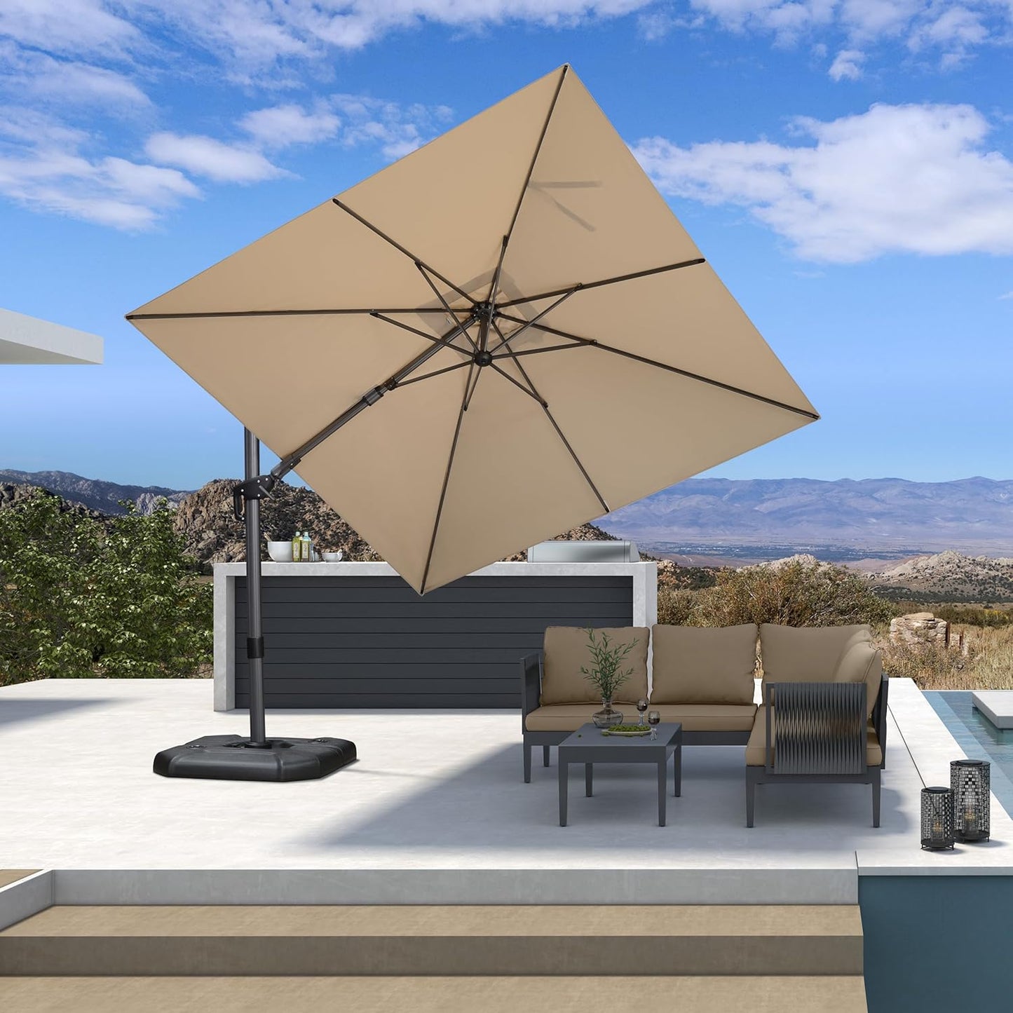 SUNGUARD UMBRELLAS Square Cantilever Patio Umbrella, 360-Degree Rotating Offset Outdoor Umbrella with Aluminum Frame, Crank Lift, Manual Tilt, Cross Base Included, Beige