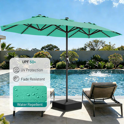 SUNGUARD UMBRELLAS 13 ft Solar LED Double-Sided Patio Umbrella, 6.5 ft x 13 ft Rectangular Outdoor Market Umbrella with Crank, Cross Base and Cerulean UV-Resistant Canopy