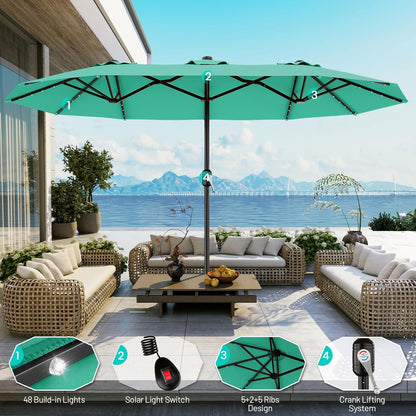 SUNGUARD UMBRELLAS 13 ft Solar LED Double-Sided Patio Umbrella, 6.5 ft x 13 ft Rectangular Outdoor Market Umbrella with Crank, Cross Base and Cerulean UV-Resistant Canopy
