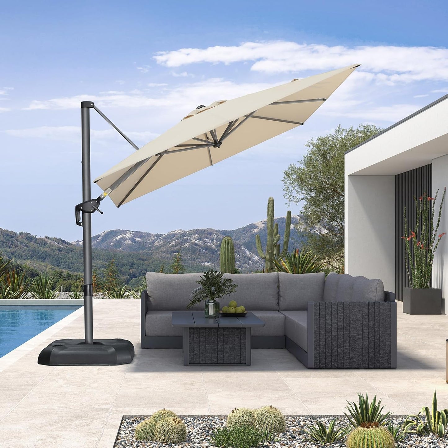 SUNGUARD UMBRELLAS Square Cantilever Patio Umbrella, 360-Degree Rotating Offset Outdoor Umbrella with Aluminum Frame, Crank Lift, Manual Tilt, Cross Base Included, Beige