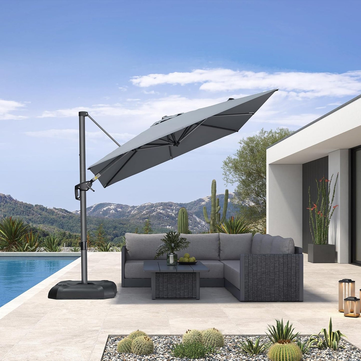 SUNGUARD UMBRELLAS Square Cantilever Patio Umbrella, 360-Degree Rotating Offset Outdoor Umbrella with Aluminum Frame, Crank Lift, Manual Tilt, Cross Base Included, Beige