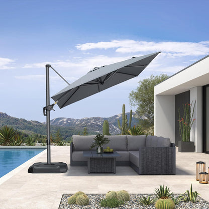 SUNGUARD UMBRELLAS Square Cantilever Patio Umbrella, 360-Degree Rotating Offset Outdoor Umbrella with Aluminum Frame, Crank Lift, Manual Tilt, Cross Base Included, Beige