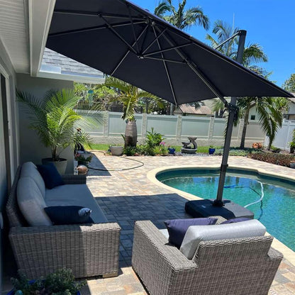 SUNGUARD UMBRELLAS Square Cantilever Patio Umbrella, 360-Degree Rotating Offset Outdoor Umbrella with Aluminum Frame, Crank Lift, Manual Tilt, Cross Base Included, Beige