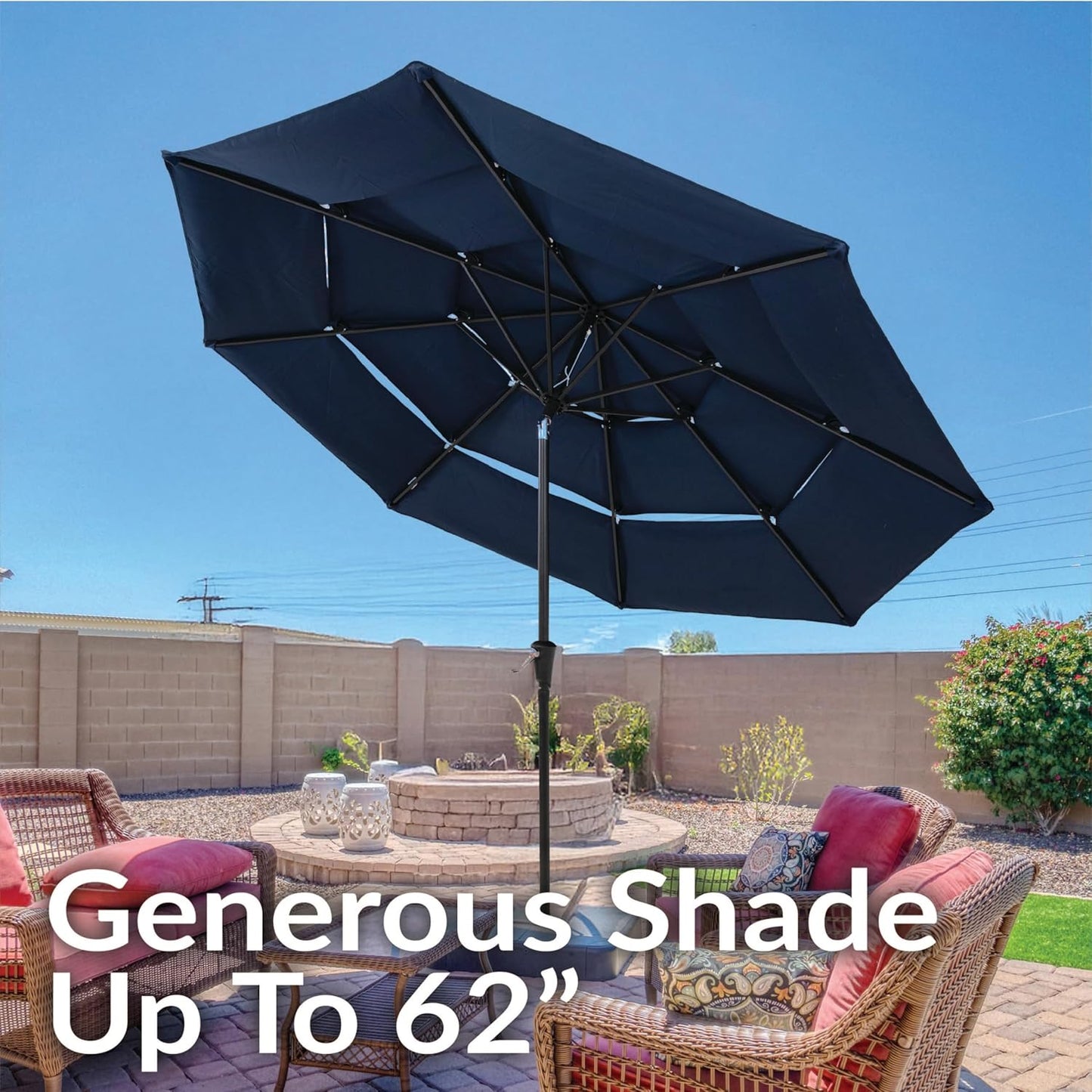 SUNGUARD UMBRELLAS 10 ft 3-Tier Solar LED Patio Umbrella, Outdoor Market Table Umbrella with 24 LED Lights, Crank Lift, Push-Button Tilt, Vented Polyester Canopy, 1.5 in Pole, Base Not Included