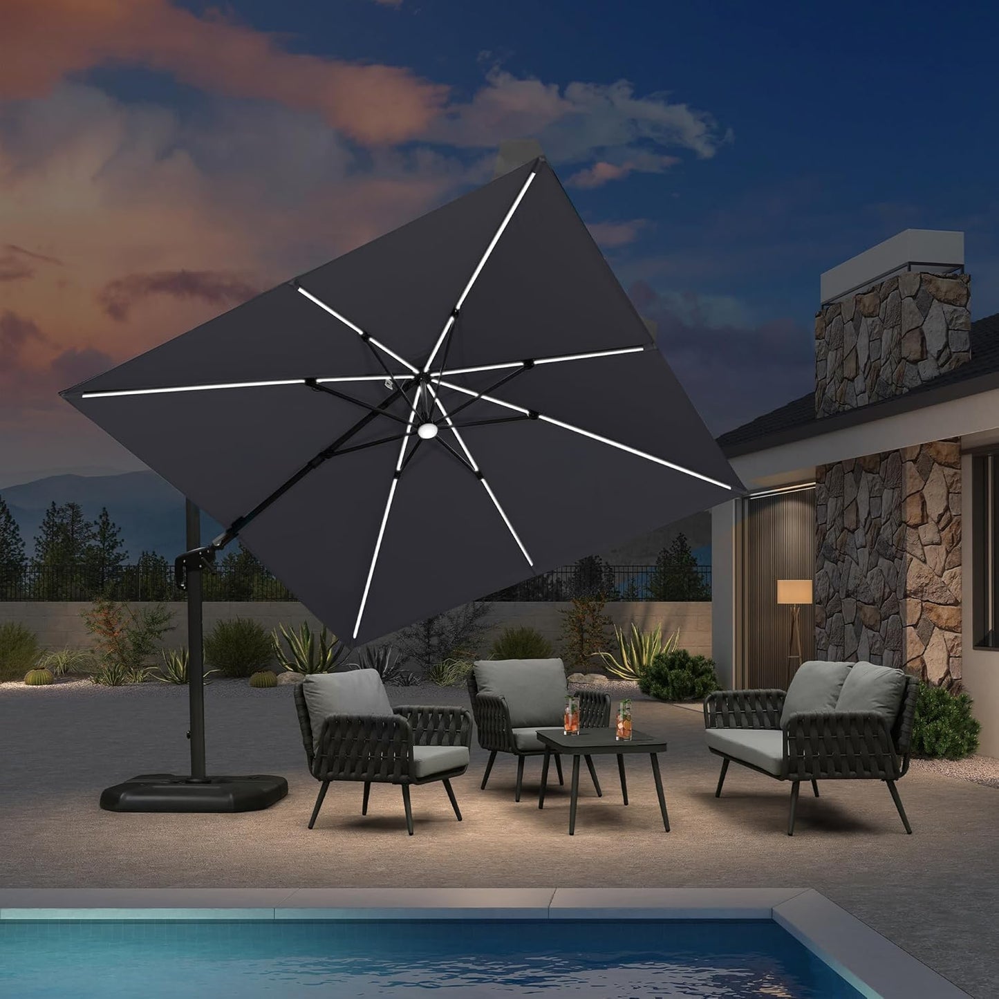 SUNGUARD UMBRELLAS Square Cantilever Patio Umbrella, 360-Degree Rotating Offset Outdoor Umbrella with Aluminum Frame, Crank Lift, Manual Tilt, Cross Base Included, Beige