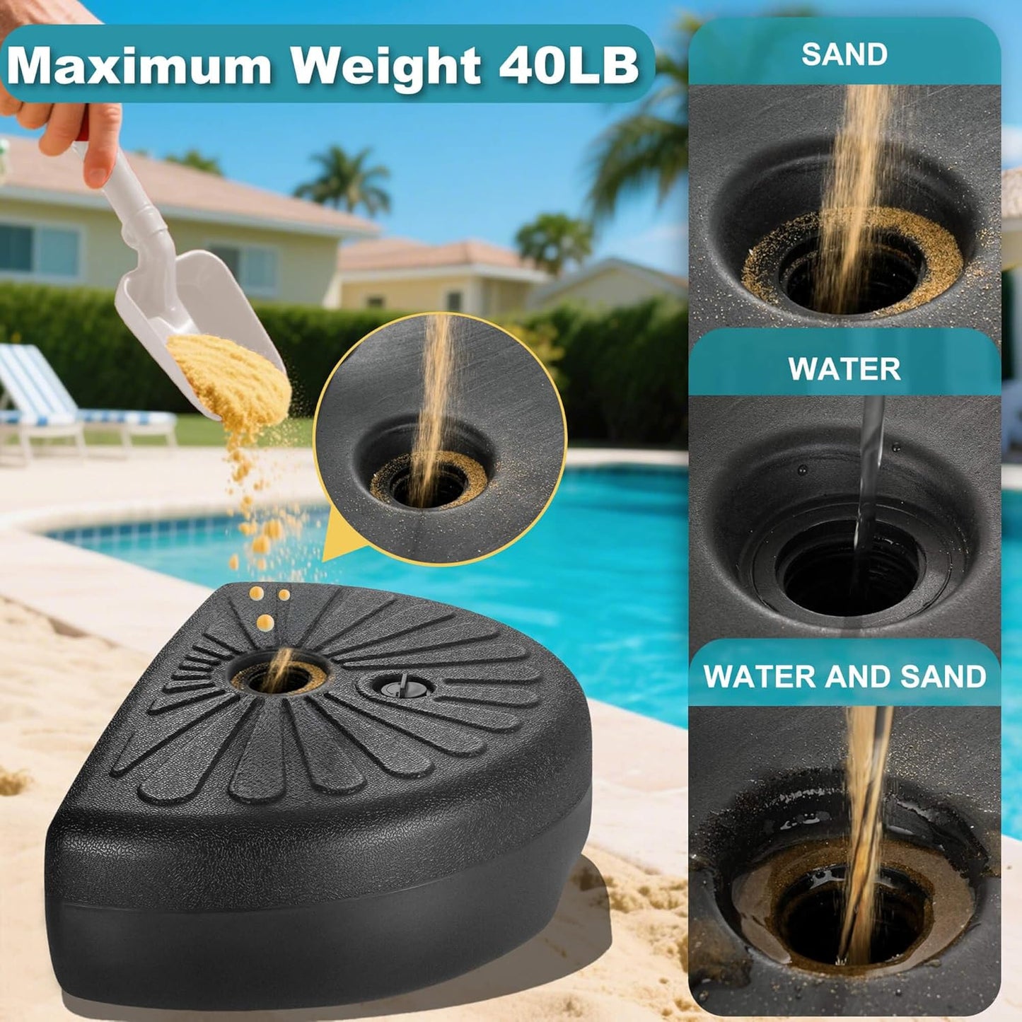 SUNGUARD UMBRELLAS 73 lb Half Round Fillable Patio Umbrella Base, Water and Sand Fillable Outdoor Umbrella Stand with Adjustable Pole Reducers, Black, for Market Table Umbrellas and Half Umbrellas