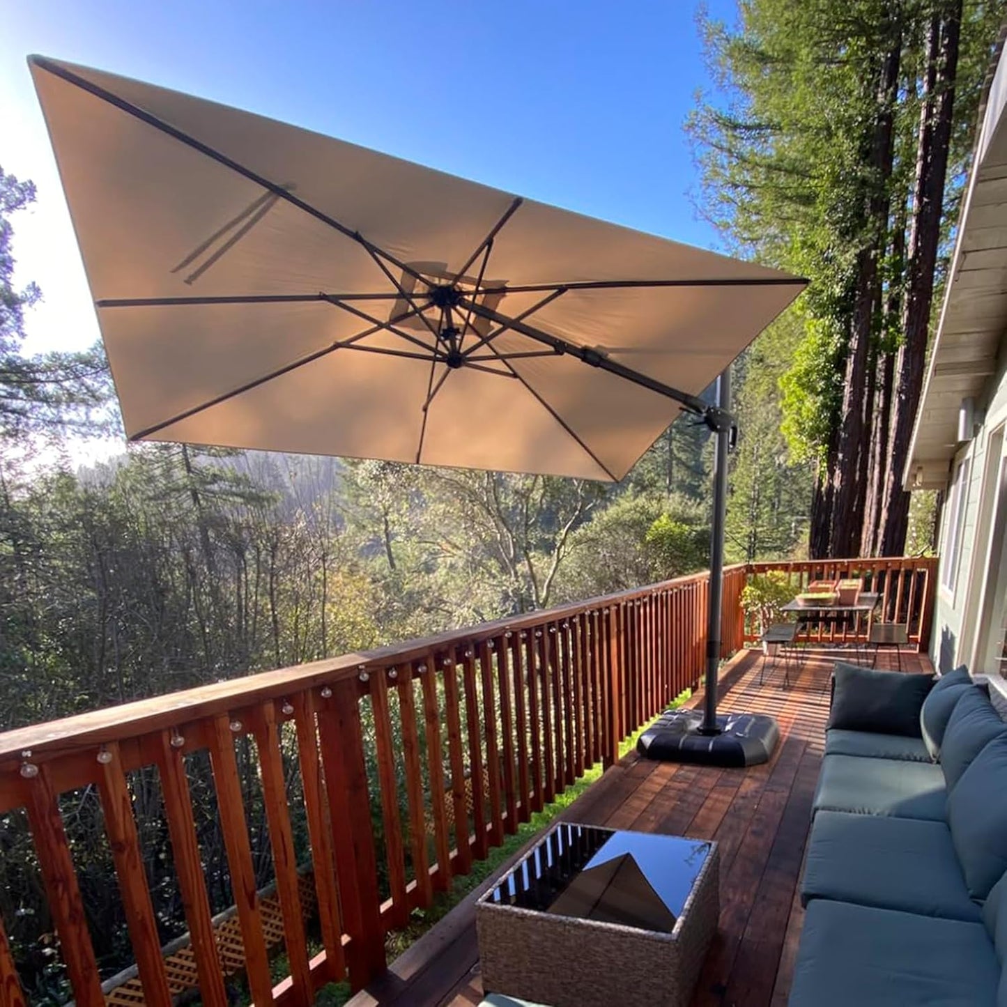 SUNGUARD UMBRELLAS Square Cantilever Patio Umbrella, 360-Degree Rotating Offset Outdoor Umbrella with Aluminum Frame, Crank Lift, Manual Tilt, Cross Base Included, Beige