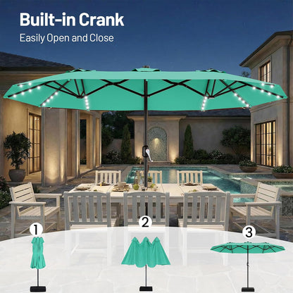 SUNGUARD UMBRELLAS 13 ft Solar LED Double-Sided Patio Umbrella, 6.5 ft x 13 ft Rectangular Outdoor Market Umbrella with Crank, Cross Base and Cerulean UV-Resistant Canopy