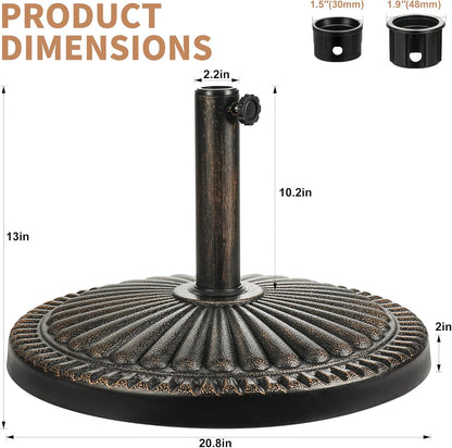 SUNGUARD UMBRELLAS Round Patio Umbrella Base, Bronze Resin Concrete Outdoor Market Umbrella Stand with Adjustable Pole Reducers, Tension Screw, Fits Up to 1.9 in Poles, for 7 ft to 11 ft Patio Umbrellas