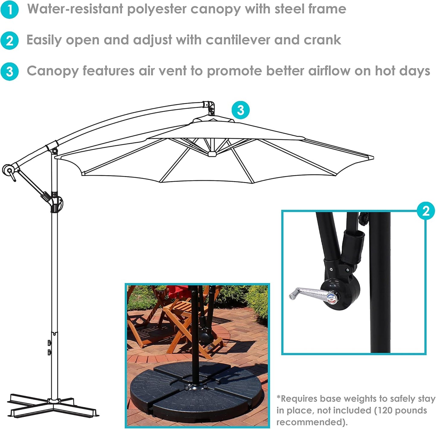 SUNGUARD UMBRELLAS 9.5 ft Cantilever Patio Umbrella with Crank, Air Vent, Polyester Canopy, Steel Pole and Cross Base for Outdoor Shade