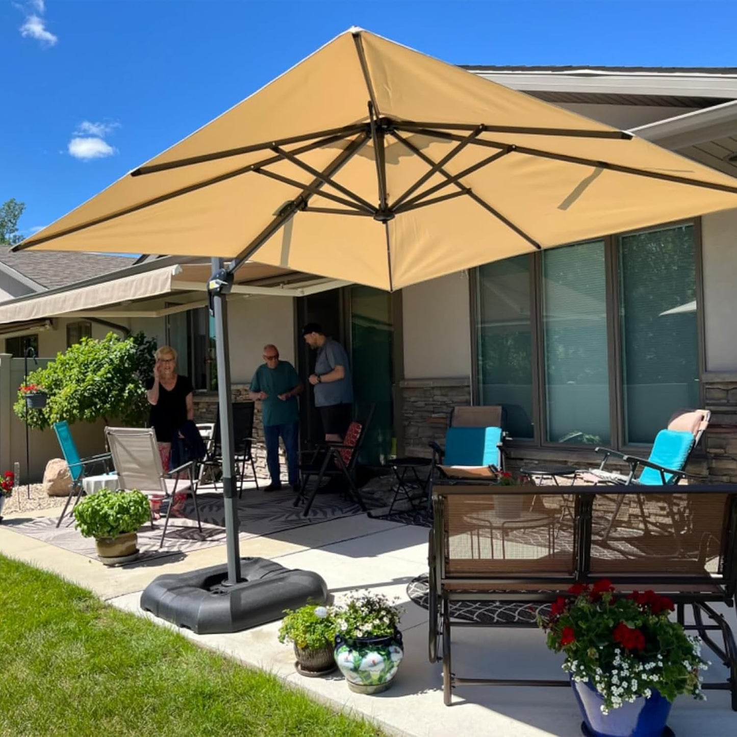 SUNGUARD UMBRELLAS Square Cantilever Patio Umbrella, 360-Degree Rotating Offset Outdoor Umbrella with Aluminum Frame, Crank Lift, Manual Tilt, Cross Base Included, Beige