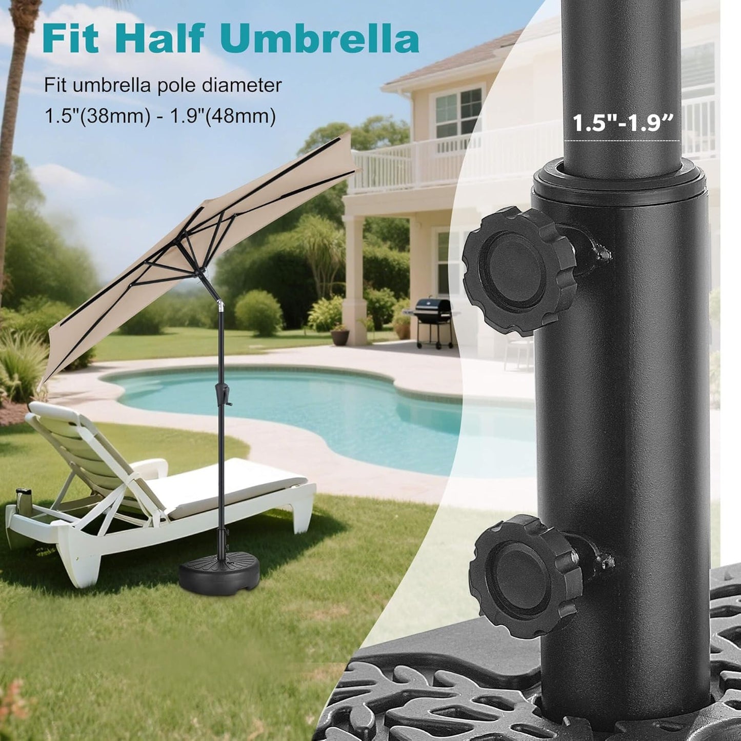 SUNGUARD UMBRELLAS 73 lb Half Round Fillable Patio Umbrella Base, Water and Sand Fillable Outdoor Umbrella Stand with Adjustable Pole Reducers, Black, for Market Table Umbrellas and Half Umbrellas