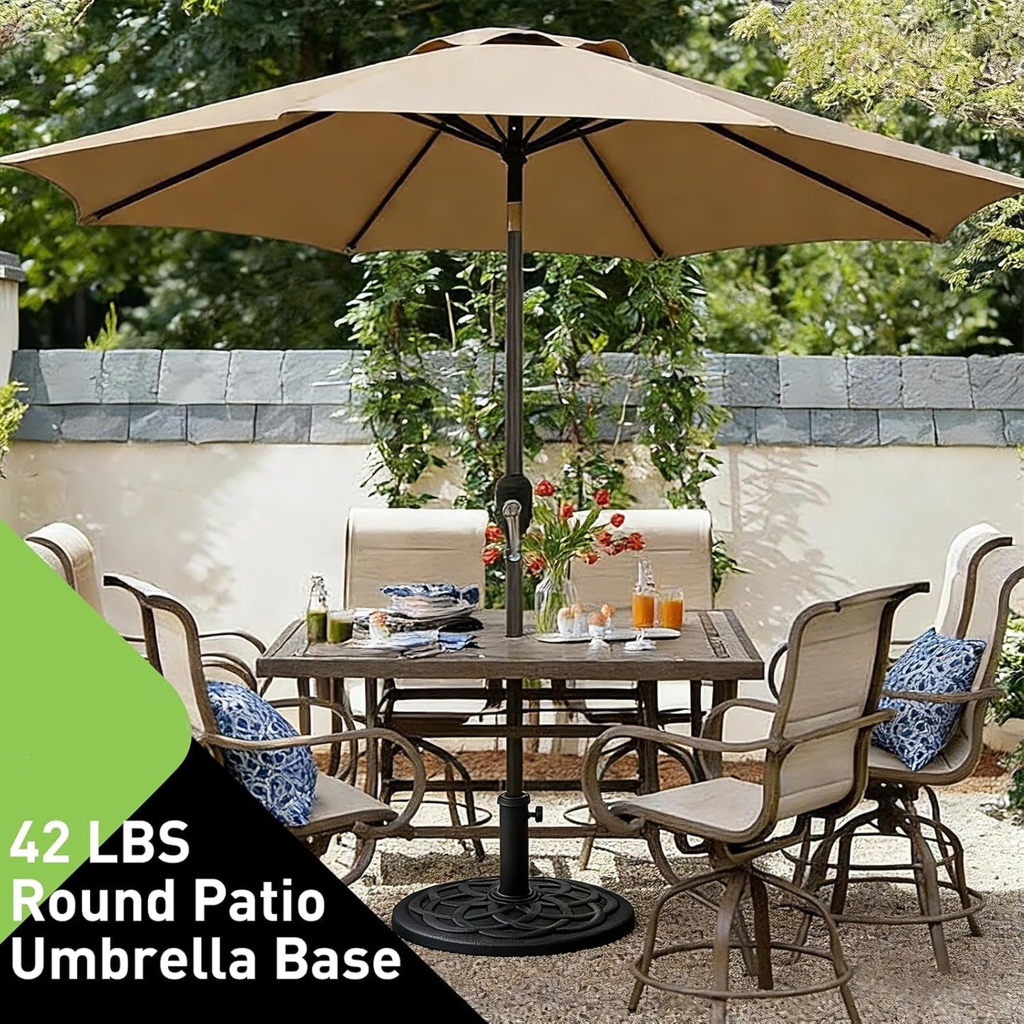 SUNGUARD UMBRELLAS Round Heavy Duty Patio Umbrella Base, Resin Concrete Outdoor Market Umbrella Stand with Powder-Coated Metal Stem, Adjustable Pole Holder, Black, Fits 1.5 in to 2 in Poles